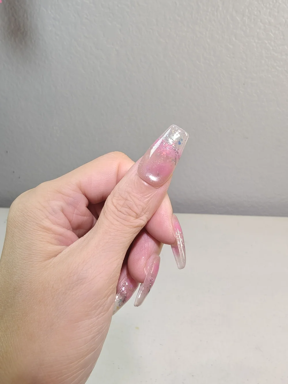 Pink Glitter Ombre Cat Eye French Tip Medium Long Coffin Press On Nails